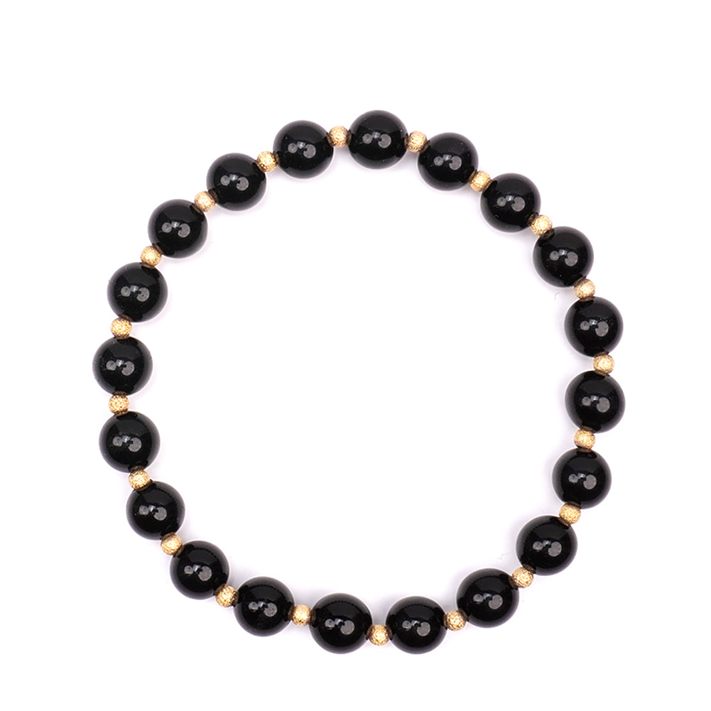 Handmade Beaded Bracelets for Women and Men, Black Obsidian 8mm Beads and 3mm gold plated beads, High Elastic 16.5 - 18cm Size, Women Beaded Bracelets