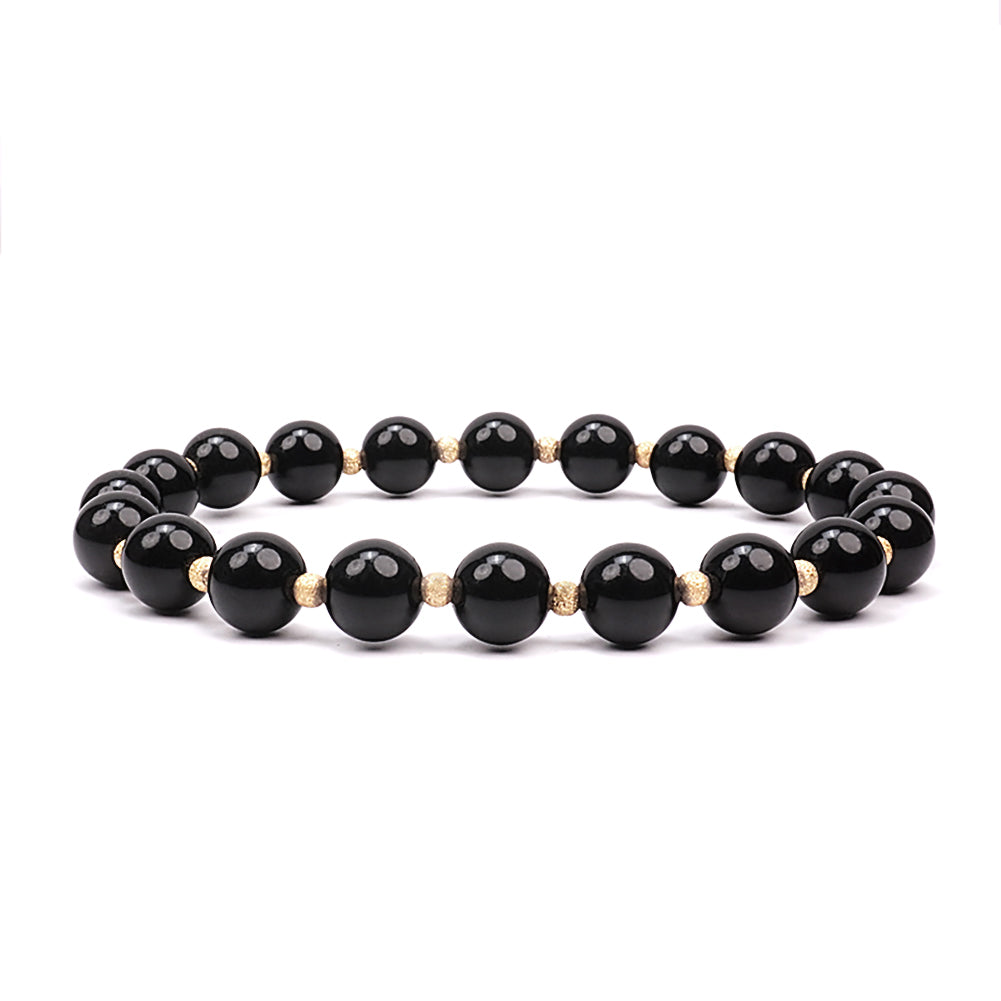 Handmade Beaded Bracelets for Women and Men, Black Obsidian 8mm Beads and 3mm gold plated beads, High Elastic 16.5 - 18cm Size, Women Beaded Bracelets