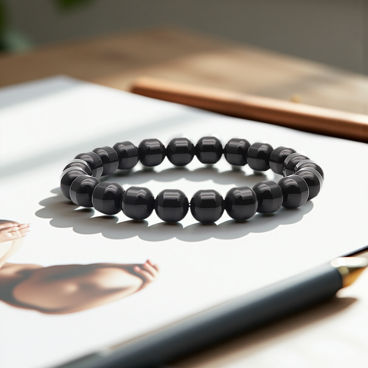 Handmade Beaded Bracelets for Women and Men, Black Tourmaline 8mm Beads, High Elastic 16.5 - 18cm Size, Protection HealingWomen Beaded Bracelets