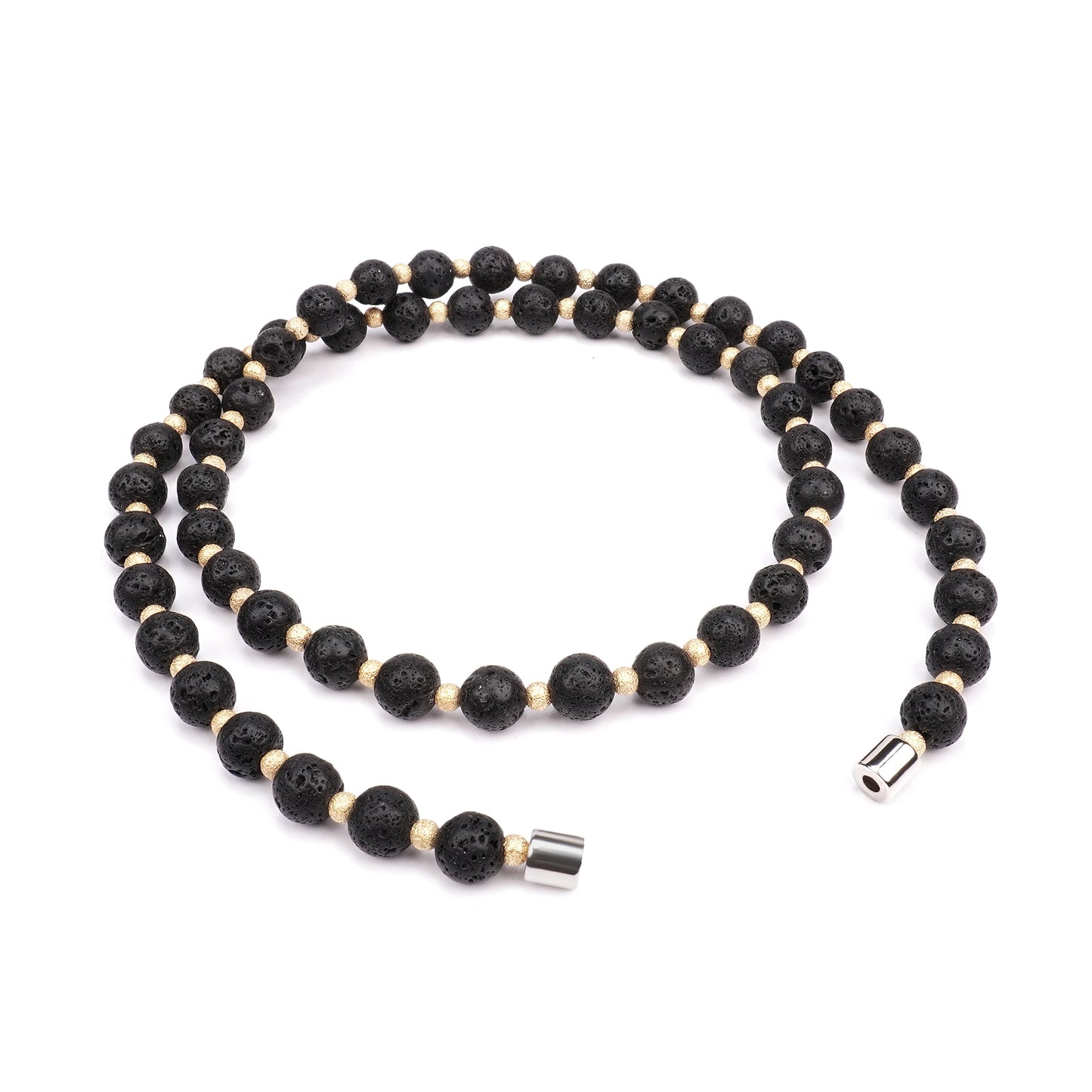 Handmade Jewelry Black Lava Bead & Gold-Plated Bead Necklace, Women's Choker Necklaces, Stretchable 20 Inch Magnetic Clasp Necklace for Women and Men