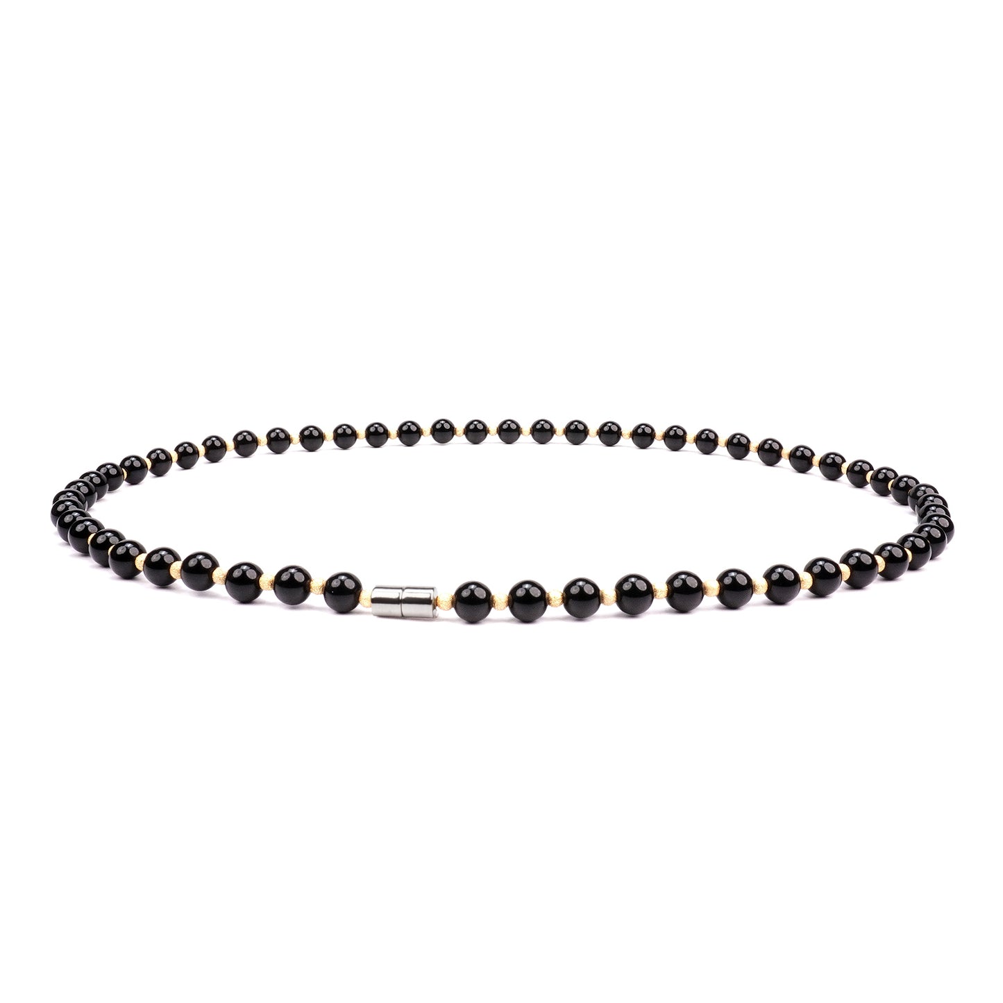 Handmade Jewelry BlackObsidian Bead & Gold-Plated Bead Necklace, Women's Choker Necklaces, Stretchable 20 Inch Magnetic Clasp Necklace for Women and Men