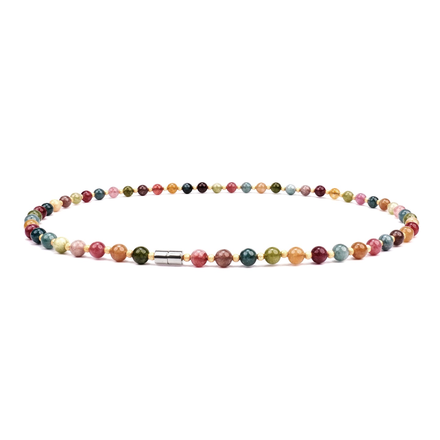 Handmade Jewelry Colorful Tourmaline Bead & Gold-Plated Bead Necklace, Women's Choker Necklaces, Stretchable 20 Inch Magnetic Clasp Necklace for Women and Men