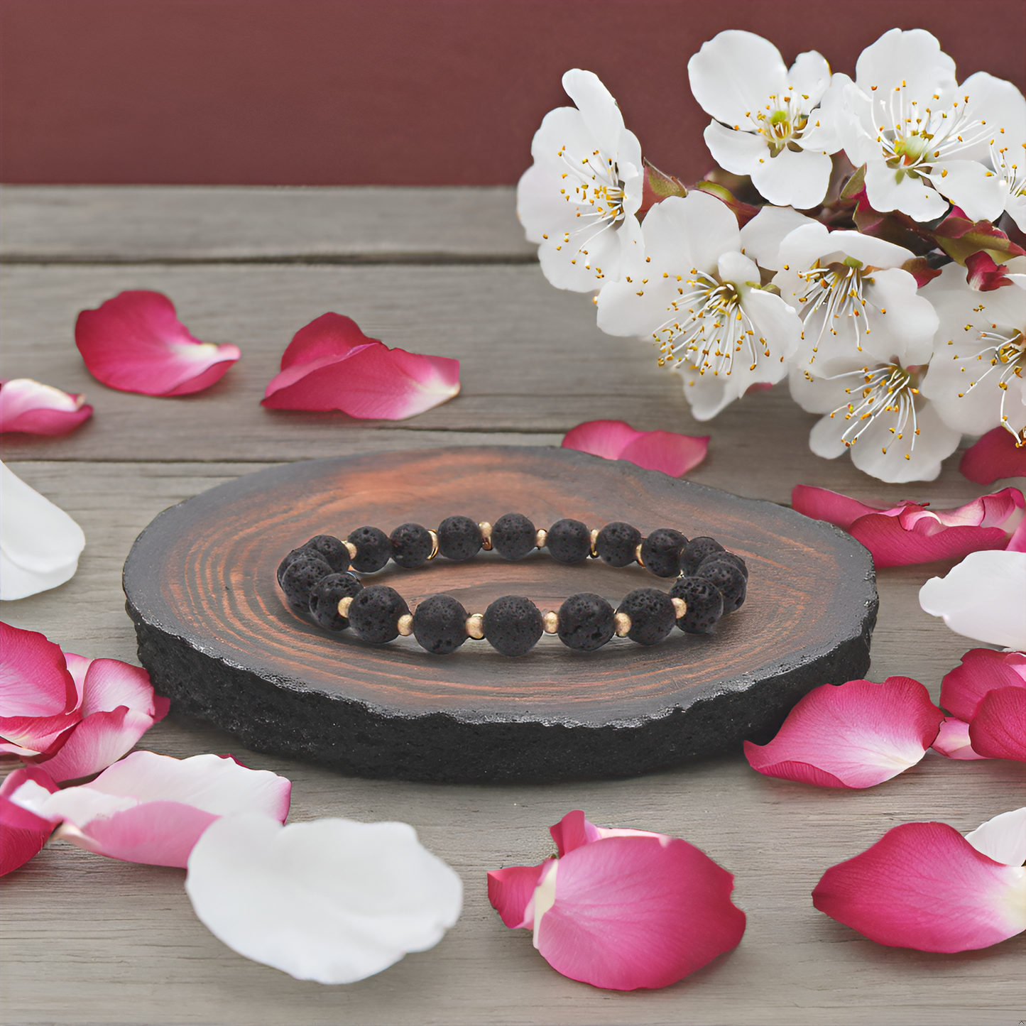 Handmade Beaded Bracelets for Women and Men, Black Lava Stone 8mm Beads and 3mm gold plated beads, High Elastic 16.5 - 18cm Size, Women Beaded Bracelets