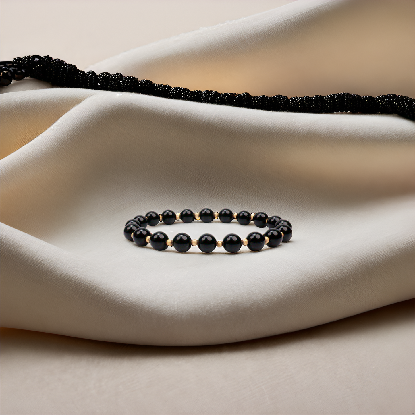 Handmade Beaded Bracelets for Women and Men, Black Obsidian 8mm Beads and 3mm gold plated beads, High Elastic 16.5 - 18cm Size, Women Beaded Bracelets