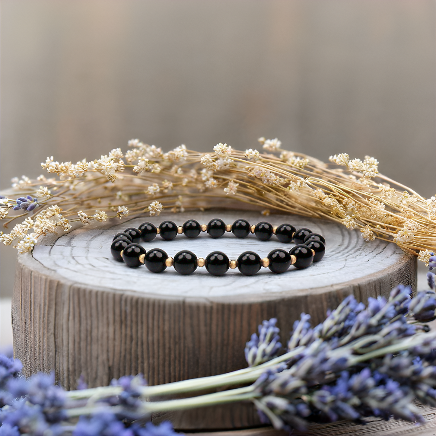 Handmade Beaded Bracelets for Women and Men, Black Obsidian 8mm Beads and 3mm gold plated beads, High Elastic 16.5 - 18cm Size, Women Beaded Bracelets