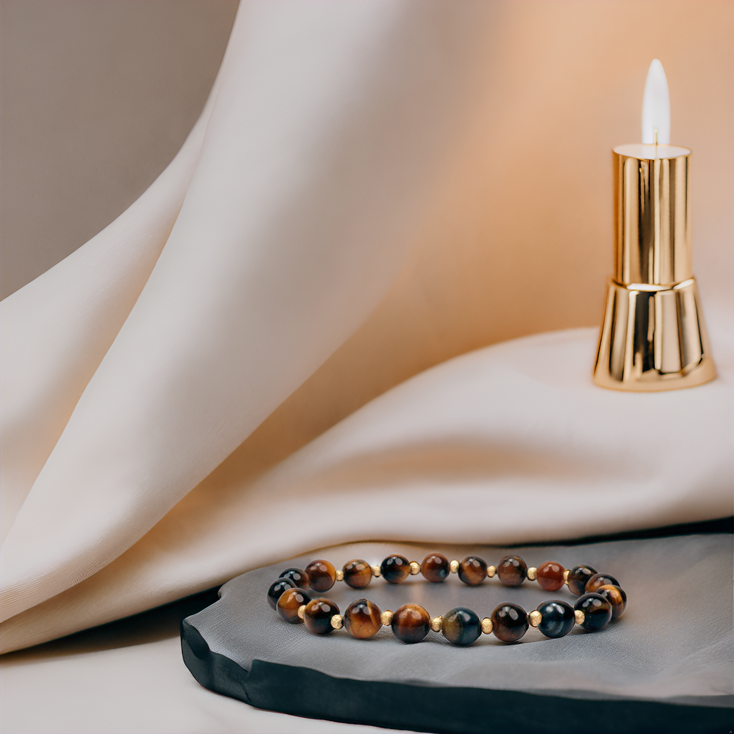 Handmade Beaded Bracelets for Women and Men, Yellow Eye of the Tiger 8mm Beads and 3mm gold plated beads, High Elastic 16.5 - 18cm Size, Women Beaded Bracelets