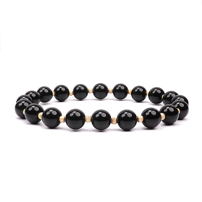 Handmade Beaded Bracelets for Women and Men, Black Obsidian 8mm Beads and 3mm gold plated beads, High Elastic 16.5 - 18cm Size, Women Beaded Bracelets